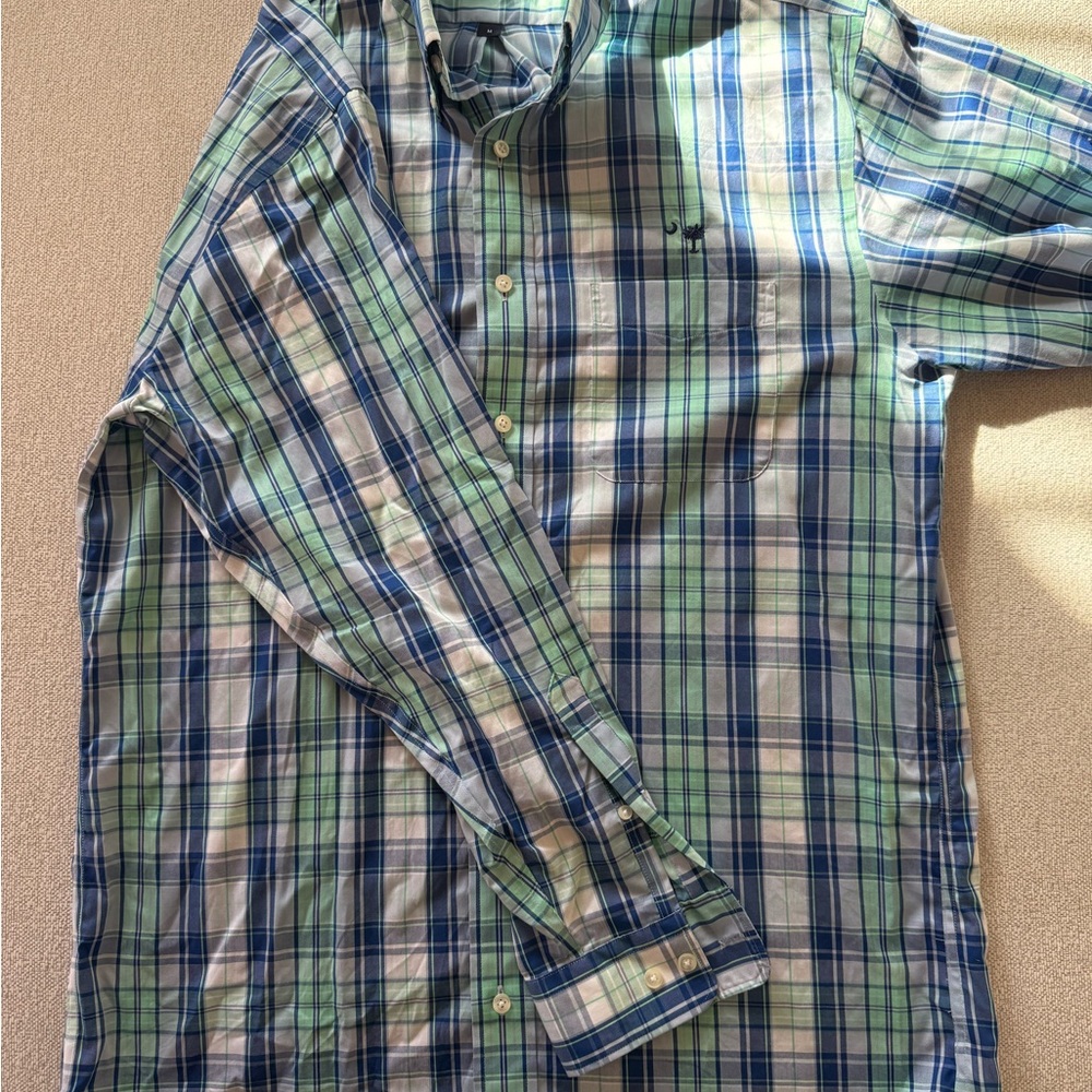M. Dumas & Sons Men's Plaid Button-Down Shirt in Blue and Green